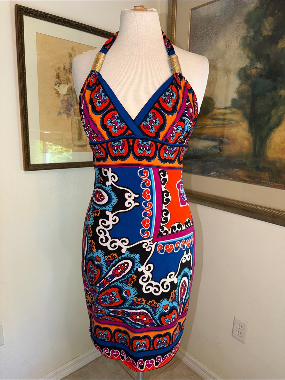 Cache Dress - Vibrant Multicolor Halter Bodycon Dress w/ Gold Shimmer Size 4